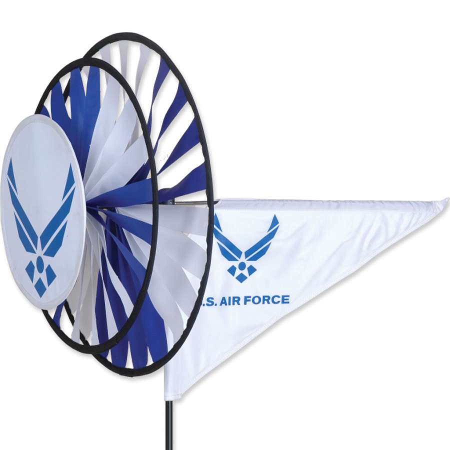 Air Force spinner with stitched applique design and triple layered wheels—durable outdoor décor celebrating strength, motion, and dedication.