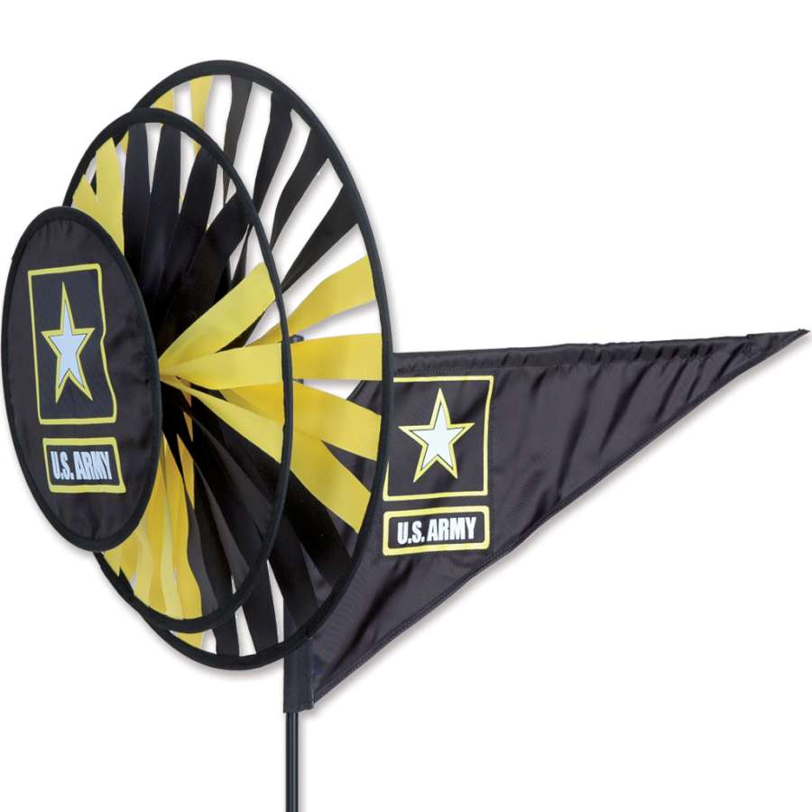 Army spinner with stitched applique emblem and three layered wheels—durable outdoor décor celebrating pride, service, and motion.