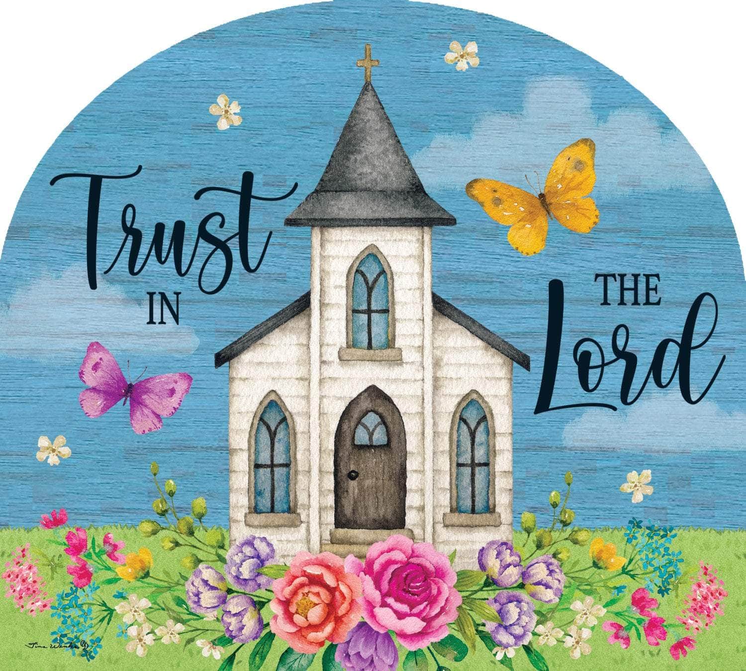 Trust Church-Arbor Mate panel featuring a church and the word "Trust," crafted from durable PVC to bring faith and tranquility to your outdoor decor.