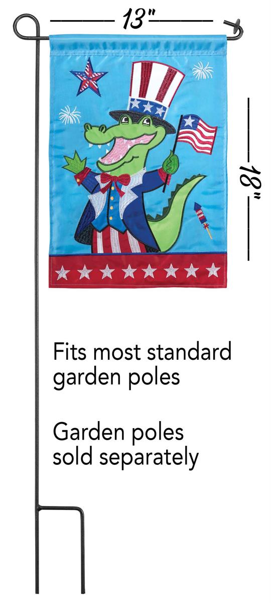 Uncle Sam Alligator 13x18 garden flag displayed on a decorative stand, showcasing its fun design and durable weatherproof polyester.
