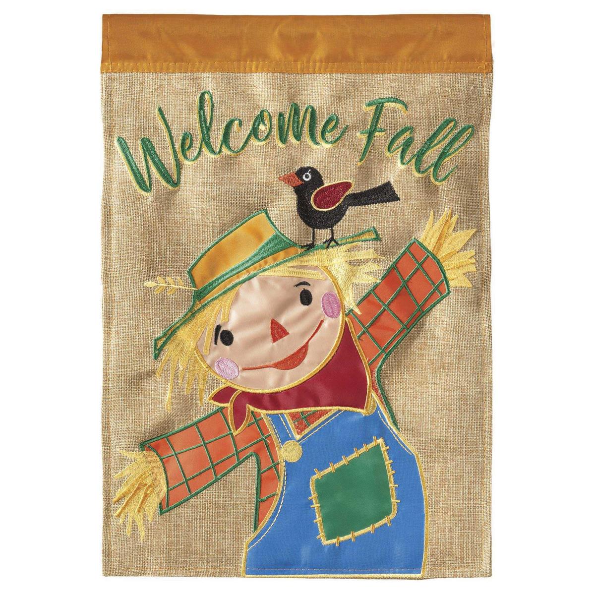 Welcome Fall Scarecrow 29x42 Flag featuring double applique design, durable polyester, and vibrant embroidery for rustic autumn outdoor décor.