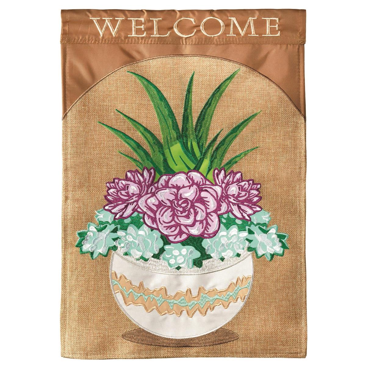 Welcome Succulents Burlap 29x42 Flag featuring double applique design, durable polyester, and vibrant embroidery for garden-inspired outdoor décor.