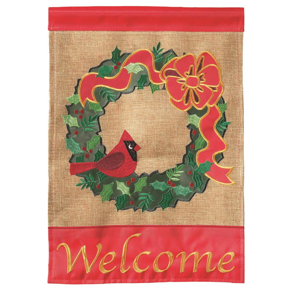 Welcome Wreath Burlap 29x42 Flag featuring double applique design, durable polyester, and vibrant embroidery for rustic outdoor décor.