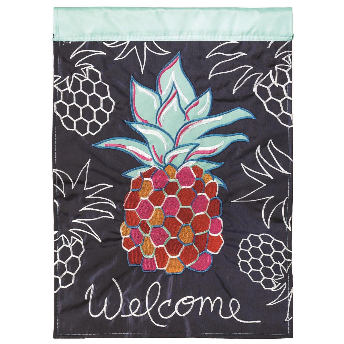 Whimsy Pineapple 29x42 Flag featuring double applique design, durable polyester, and vibrant embroidery for tropical outdoor décor.