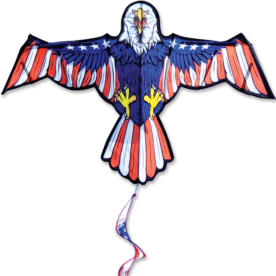 11 ft. flapping Patriotic Eagle kite with red-white-blue wings, animated flight, carbon/fiberglass frame, and 100 lb. line. Includes fabric case with hang tags.