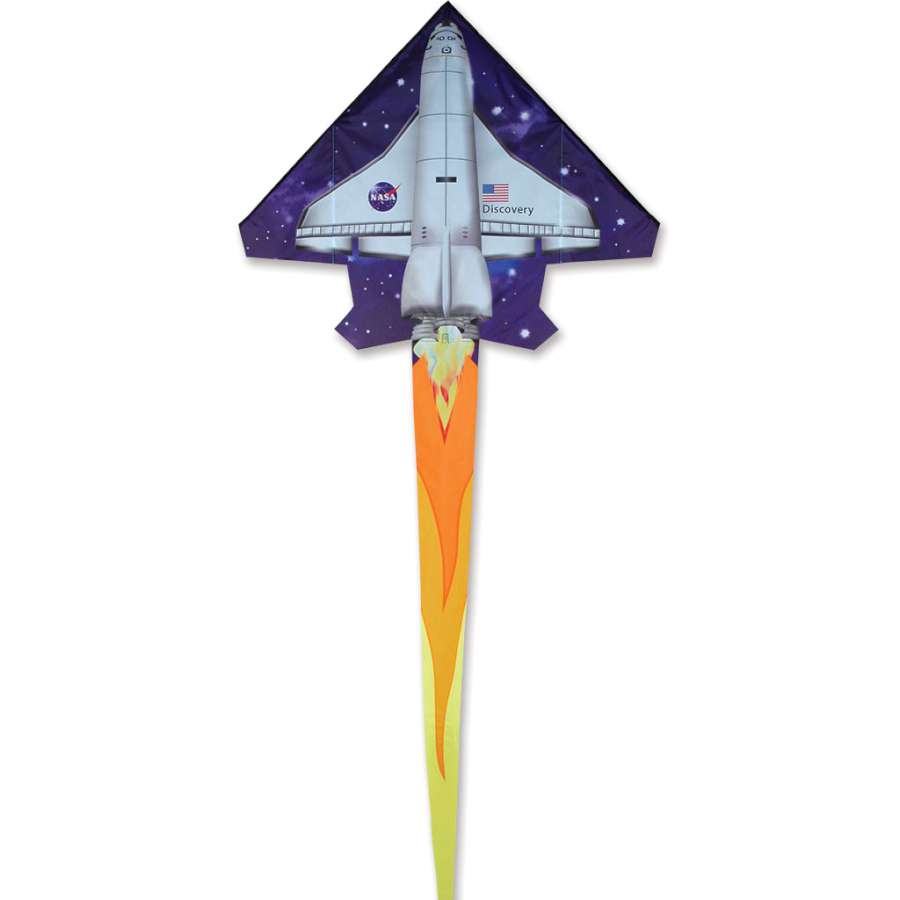 2D Space Shuttle kite with tall rocket profile, ripstop fabric, fiberglass frame, and 300 ft. of 50 lb. test line. Fabric case with color header included.