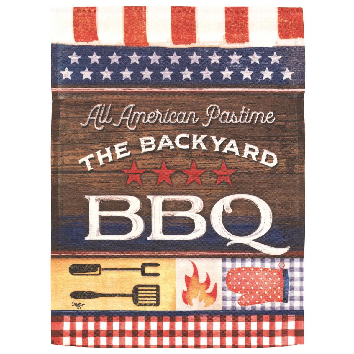 All American Pastime patriotic printed 13x18 garden flag featuring stars, stripes, and a baseball motif, flying on a garden stand in a front yard.