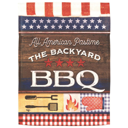 All American Pastime patriotic printed 13x18 garden flag featuring stars, stripes, and a baseball motif, flying on a garden stand in a front yard.