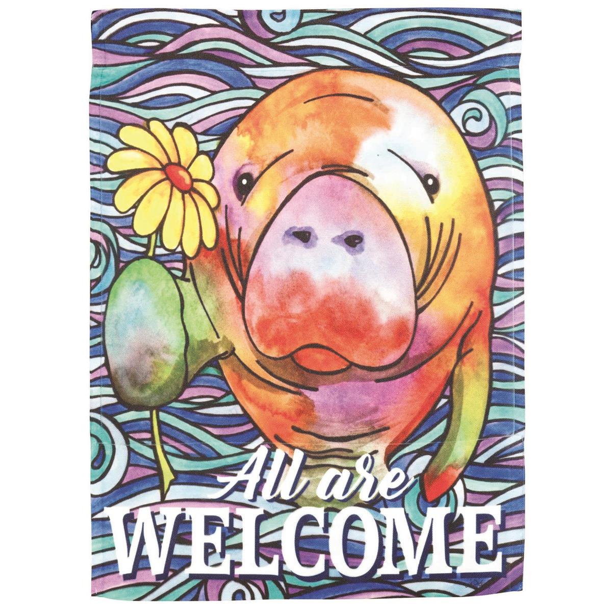 13x18 printed garden flag featuring a manatee illustration with 'All Are Welcome' text in a waterfront theme; coastal outdoor decor for gardens, patios, or porches.