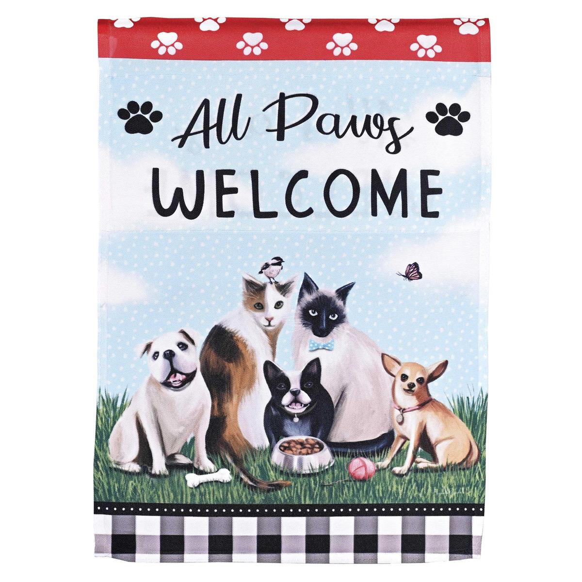 All Paws Welcome printed animal-style garden flag, 13x18, featuring paw print design and welcome text for outdoor display.