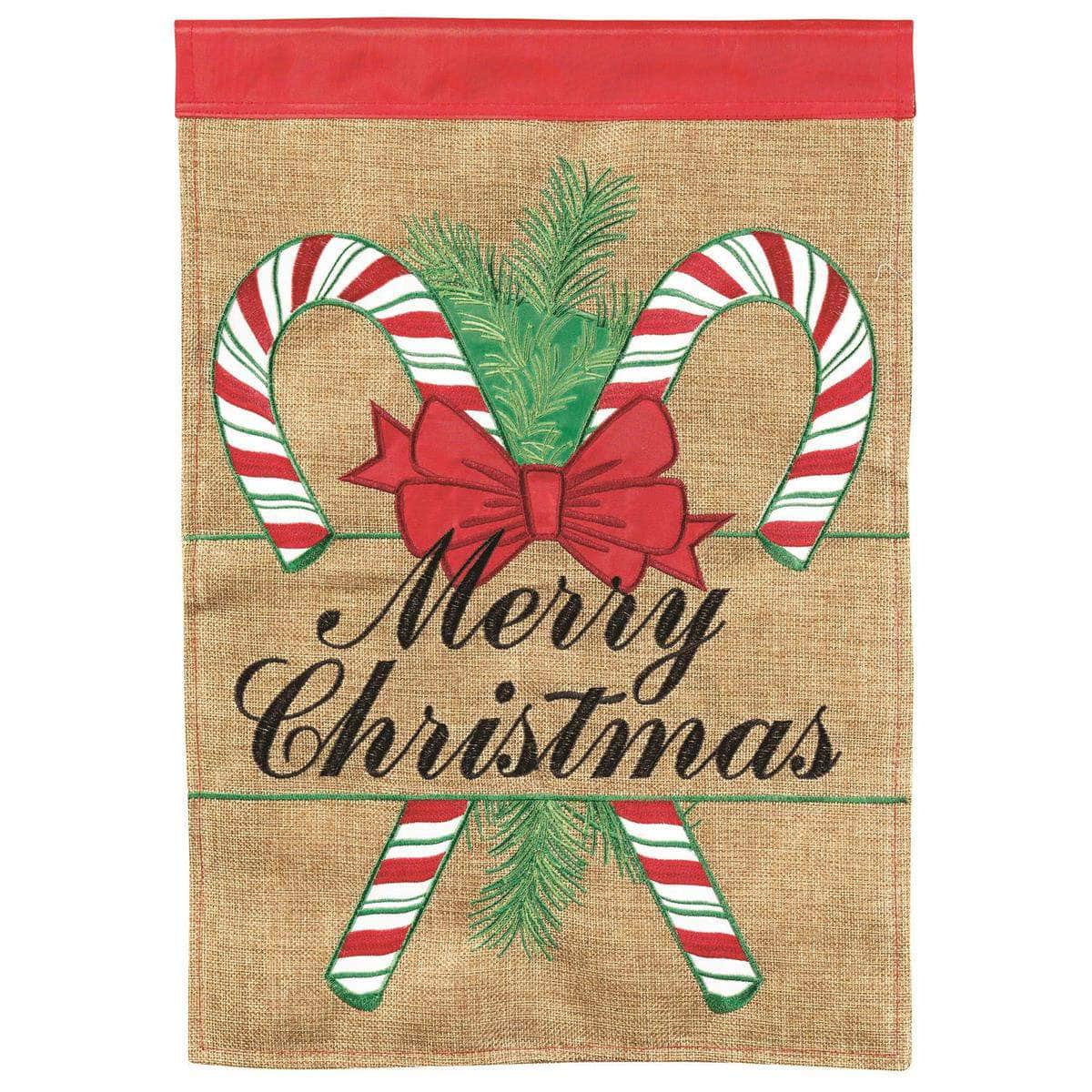 Candycane Merry Christmas flag with vibrant design, intricate embroidery, and durable construction for festive outdoor decor.