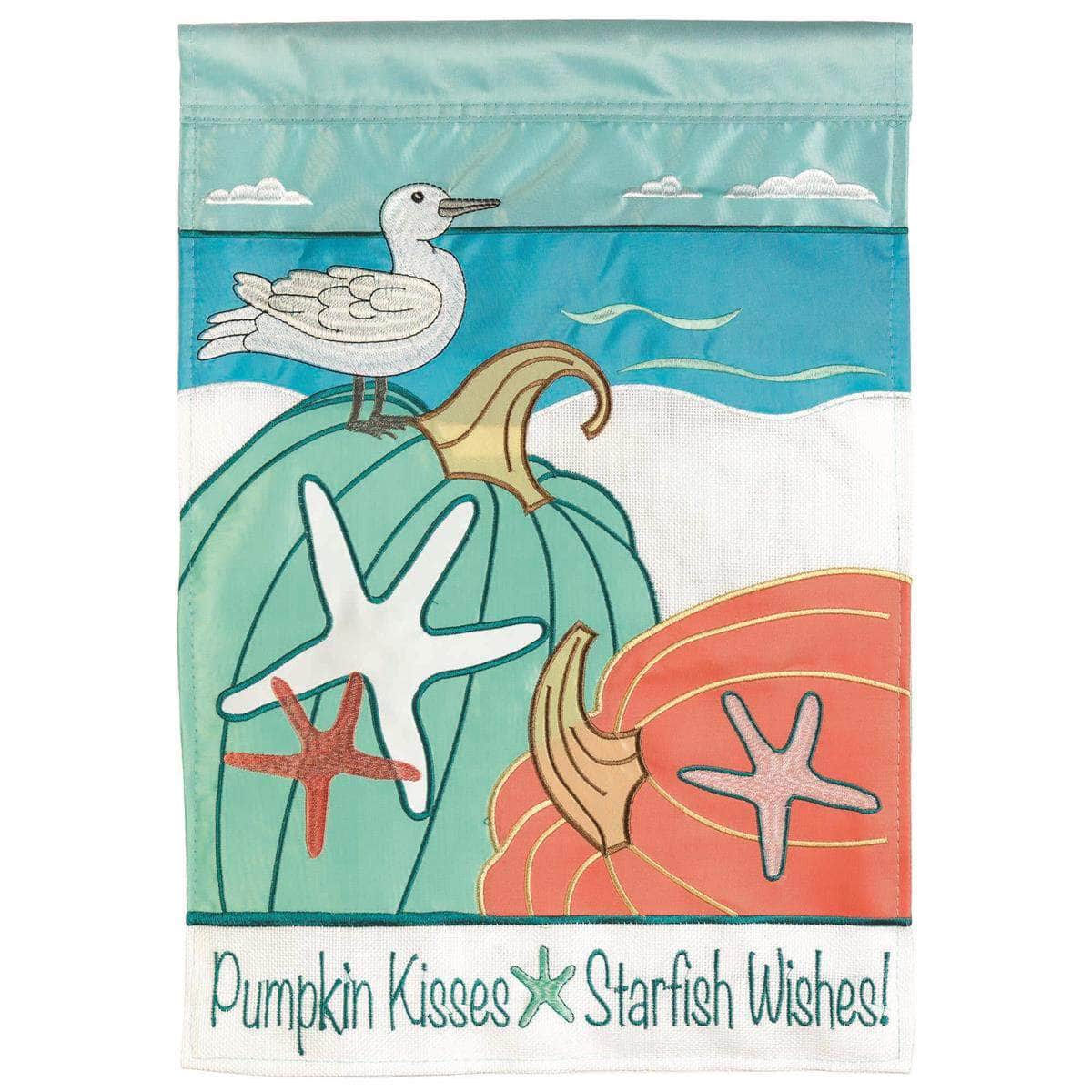 Coastal Fall Pumpkins flag with vibrant design, intricate embroidery, and durable construction for autumn outdoor decor.