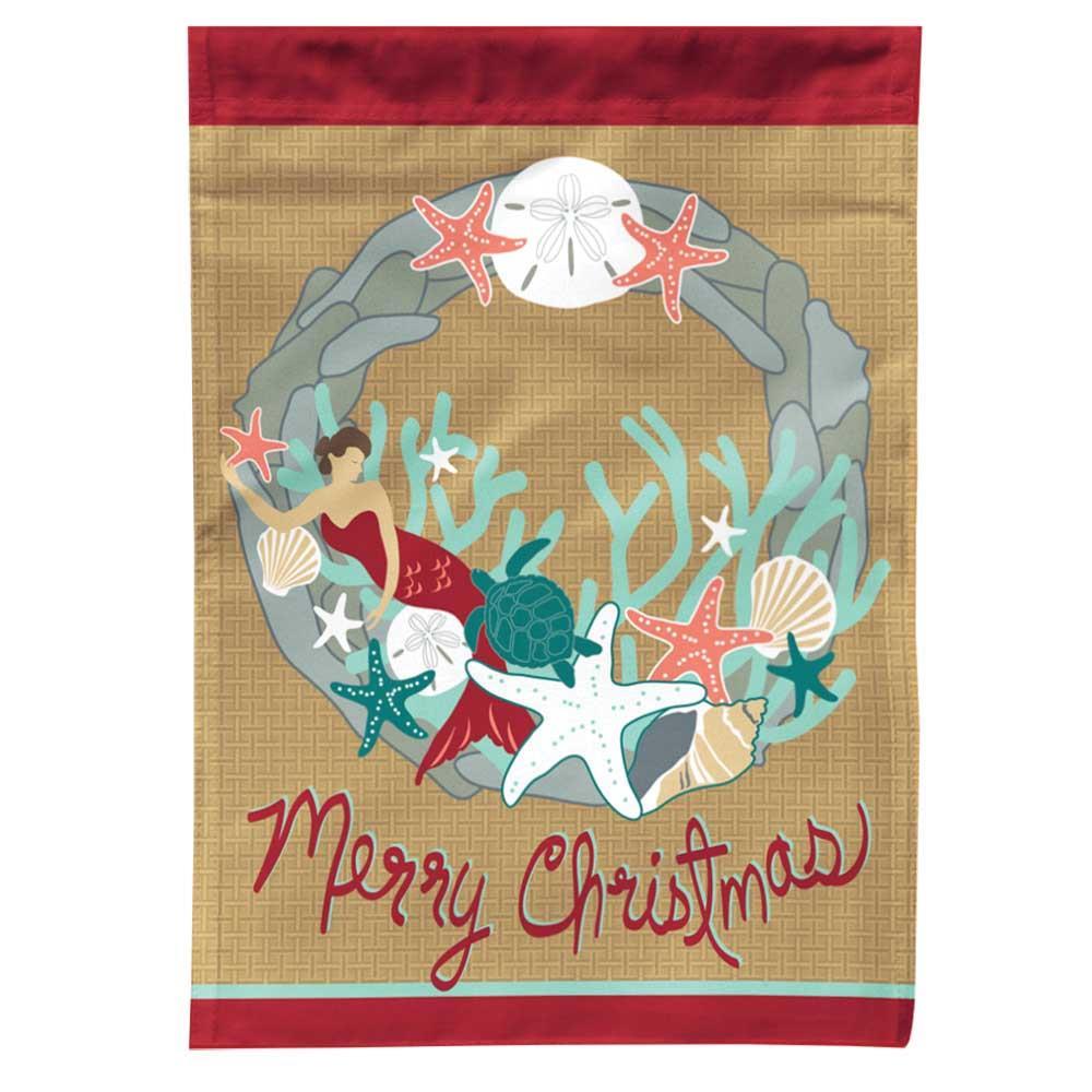 Coastal Merry Christmas flag with vibrant design, intricate embroidery, and durable construction for festive outdoor decor.