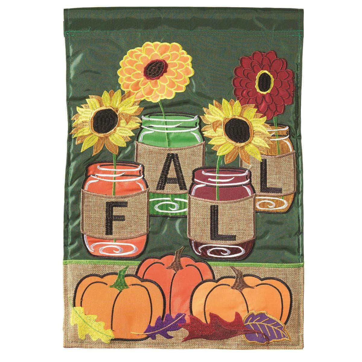 Fall Mason Jars Burlap Garden Flag with double-thickness design, intricate applique stitching, and durable nylon and burlap construction for festive fall décor.