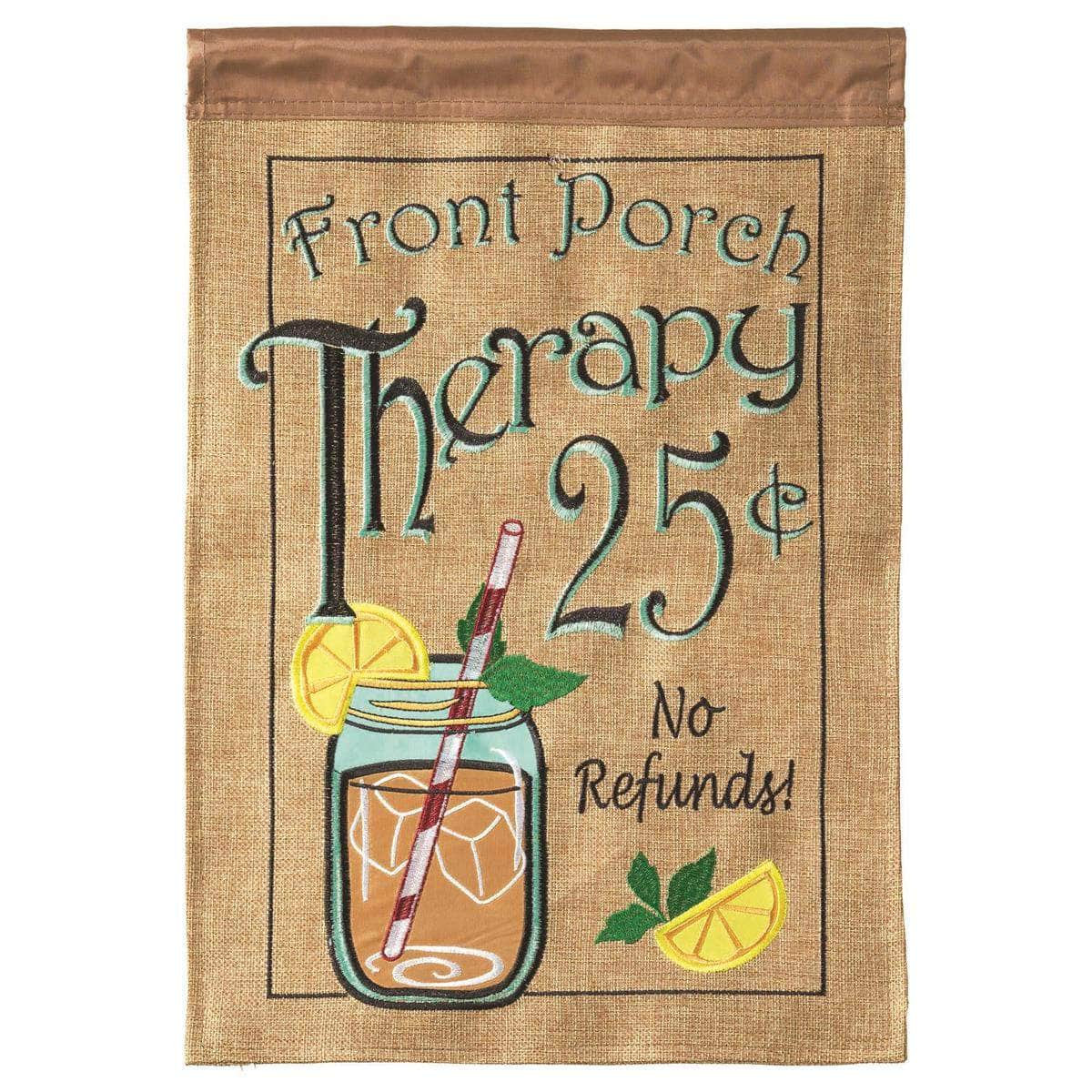 Front Porch Therapy 25 Cents Garden Flag with double-thickness design, intricate applique stitching, and durable nylon construction for rustic outdoor décor.
