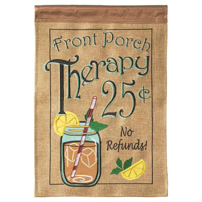 Front Porch Therapy 25 Cents Garden Flag with double-thickness design, intricate applique stitching, and durable nylon construction for rustic outdoor décor.