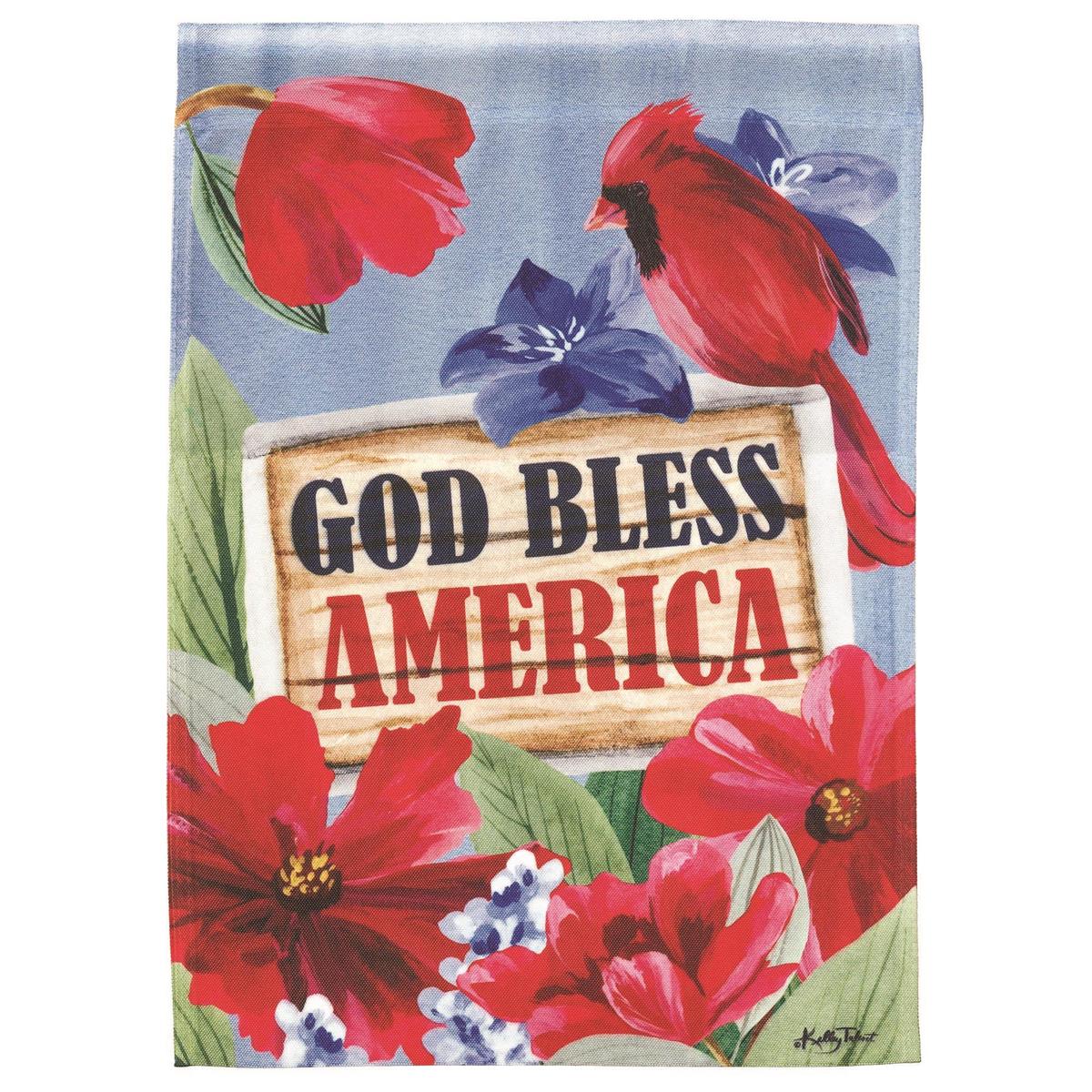 God Bless America Redbird 13x18 printed patriotic garden flag shown from the front