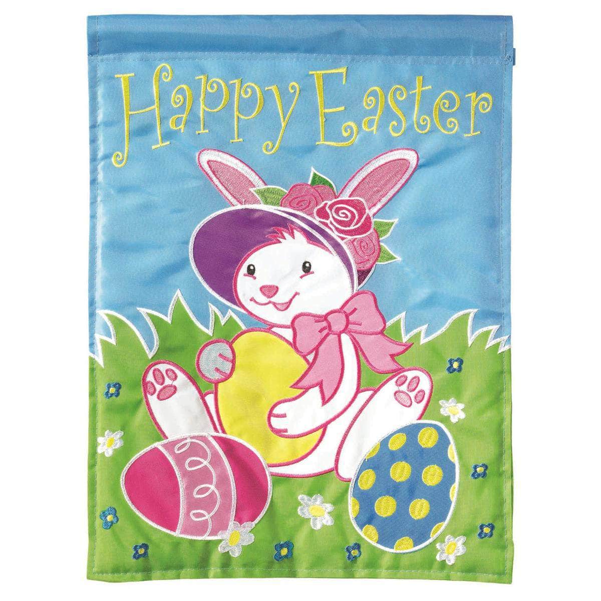 Happy Easter Bunny Bonnet Garden Flag with double-thickness design, intricate applique stitching, and durable nylon construction for festive outdoor décor.