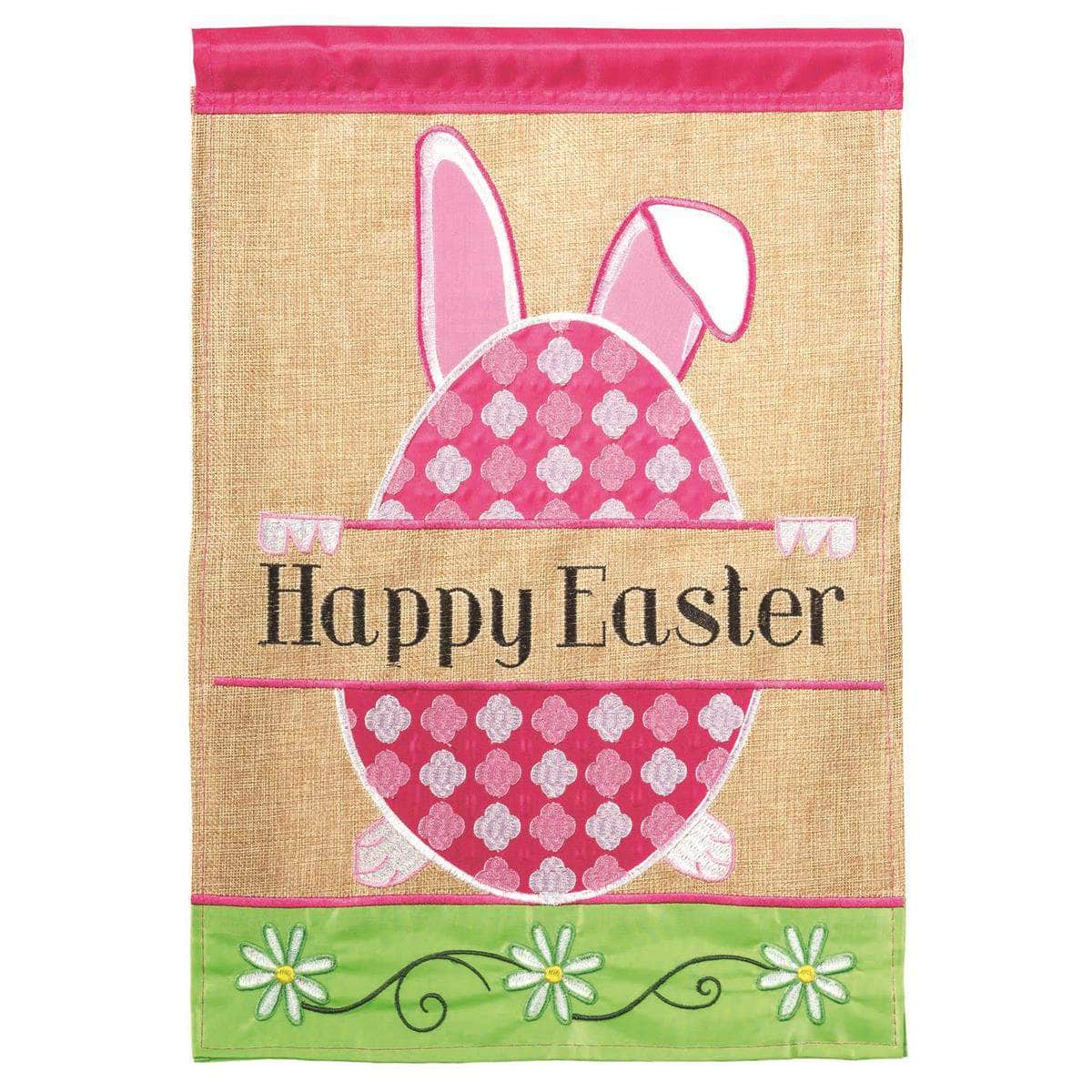Happy Easter Egg Burlap Garden Flag with double-thickness design, intricate applique stitching, and durable burlap and nylon construction for festive outdoor décor.