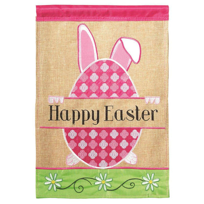 Happy Easter Egg Burlap Garden Flag with double-thickness design, intricate applique stitching, and durable burlap and nylon construction for festive outdoor décor.