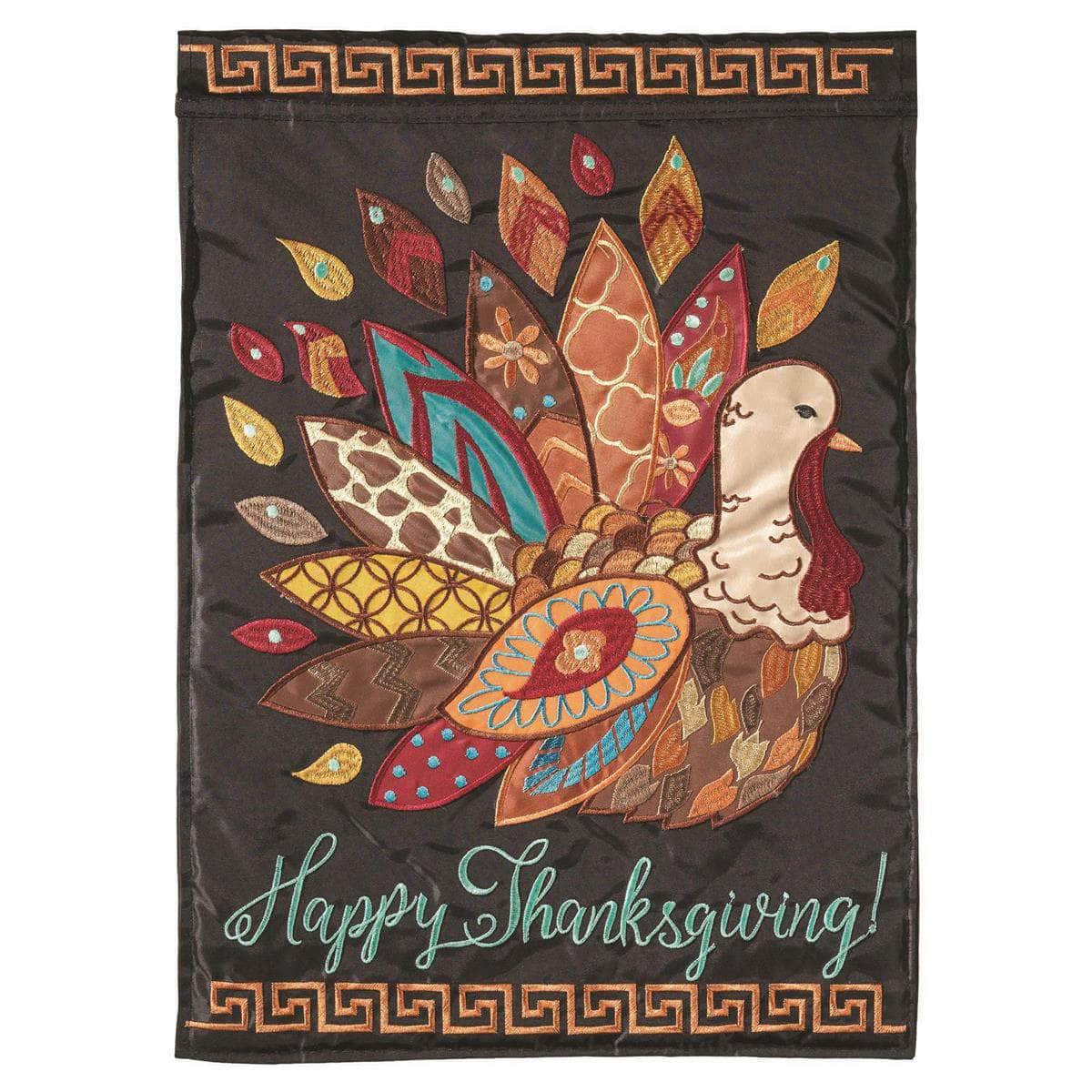 Happy Thanksgiving Patterned Turkey Garden Flag with double-thickness design, intricate applique stitching, and durable nylon construction for festive outdoor décor.