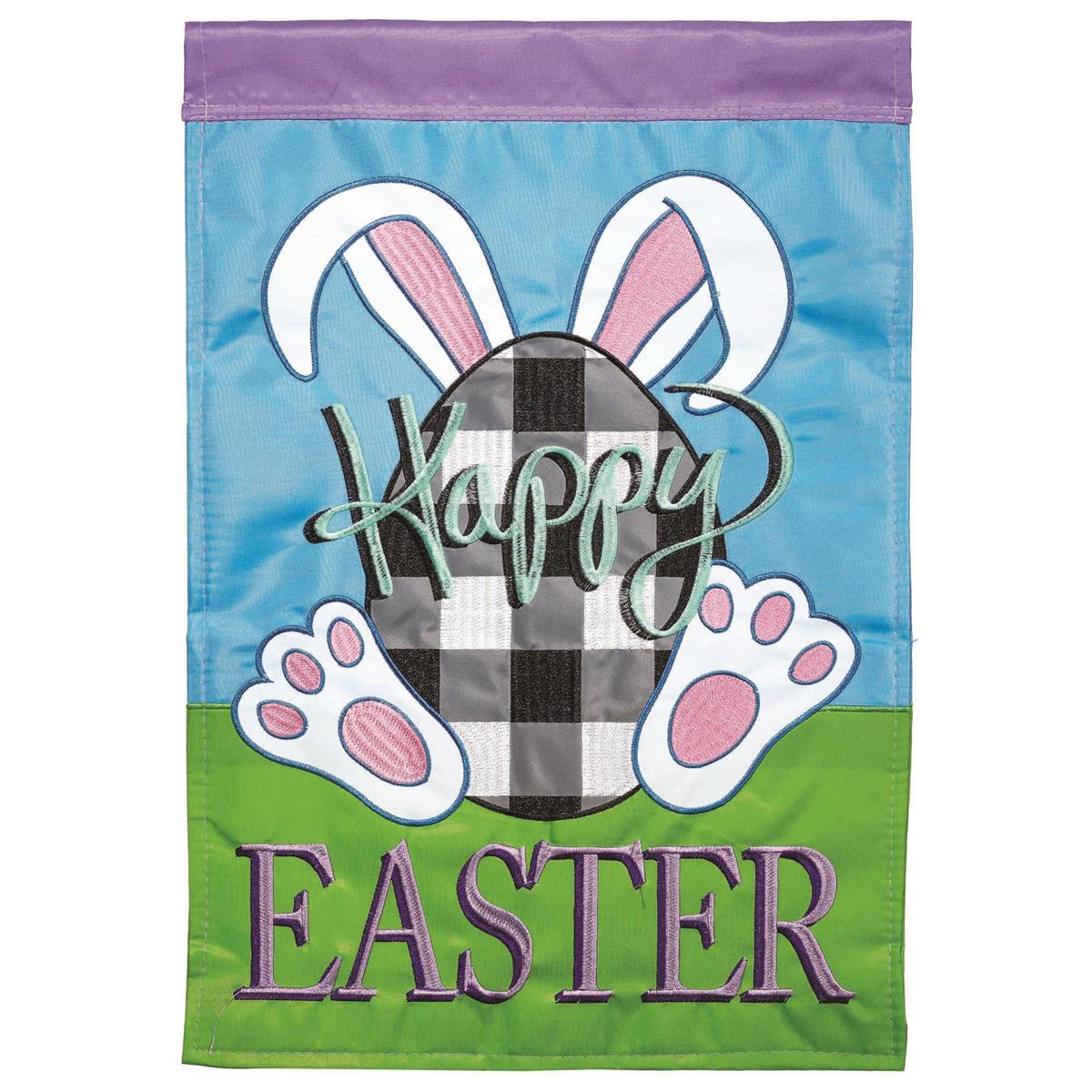 Happy Easter Plaid Bunny flag with colorful design, detailed embroidery, and durable construction for Easter decorations.
