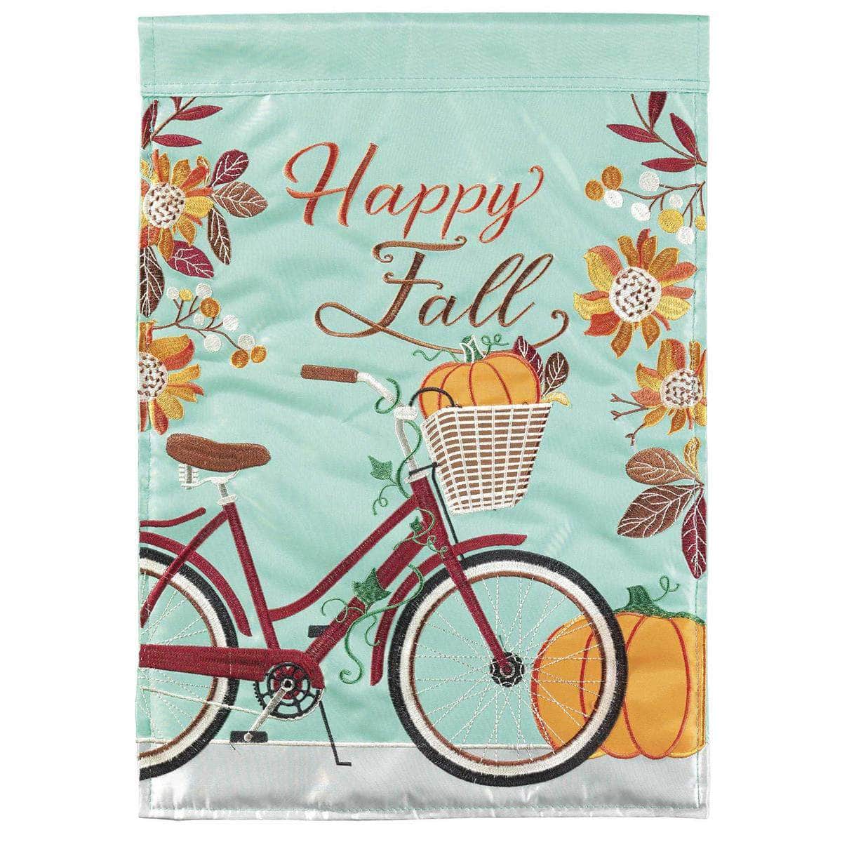 Happy Fall Bicycle flag with vibrant autumn design, intricate embroidery, and durable construction for seasonal outdoor decor.