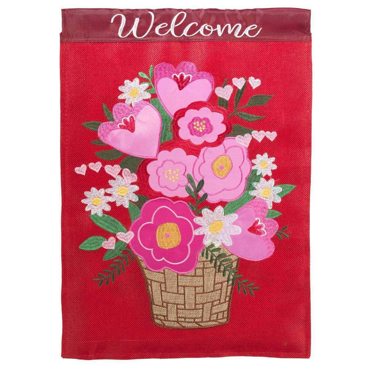 Heart Flower Basket flag with intricate embroidery, durable construction, and charming design for outdoor spring celebrations.