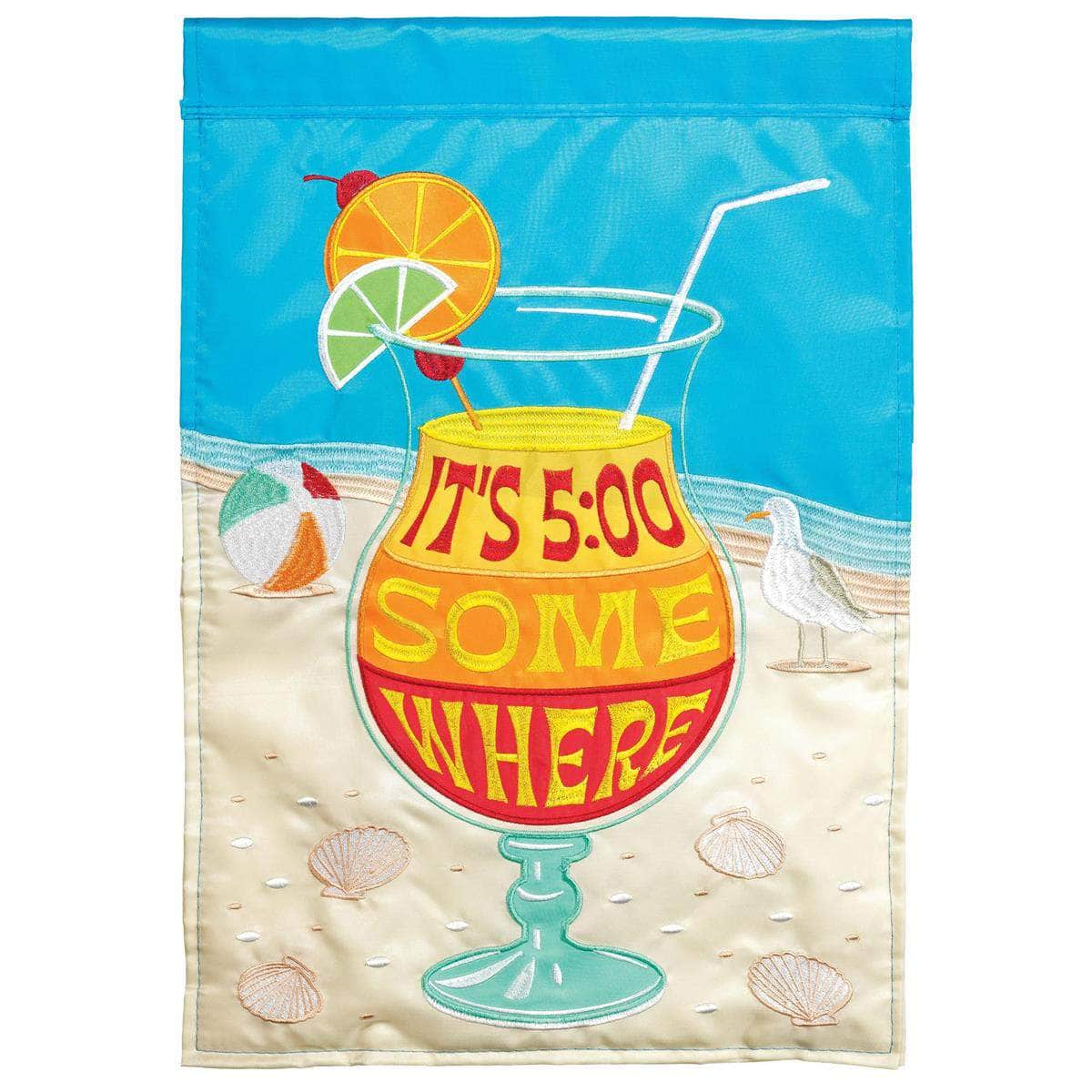 It's 5:00 Somewhere flag with vibrant design, intricate embroidery, and durable construction for tropical outdoor decor.