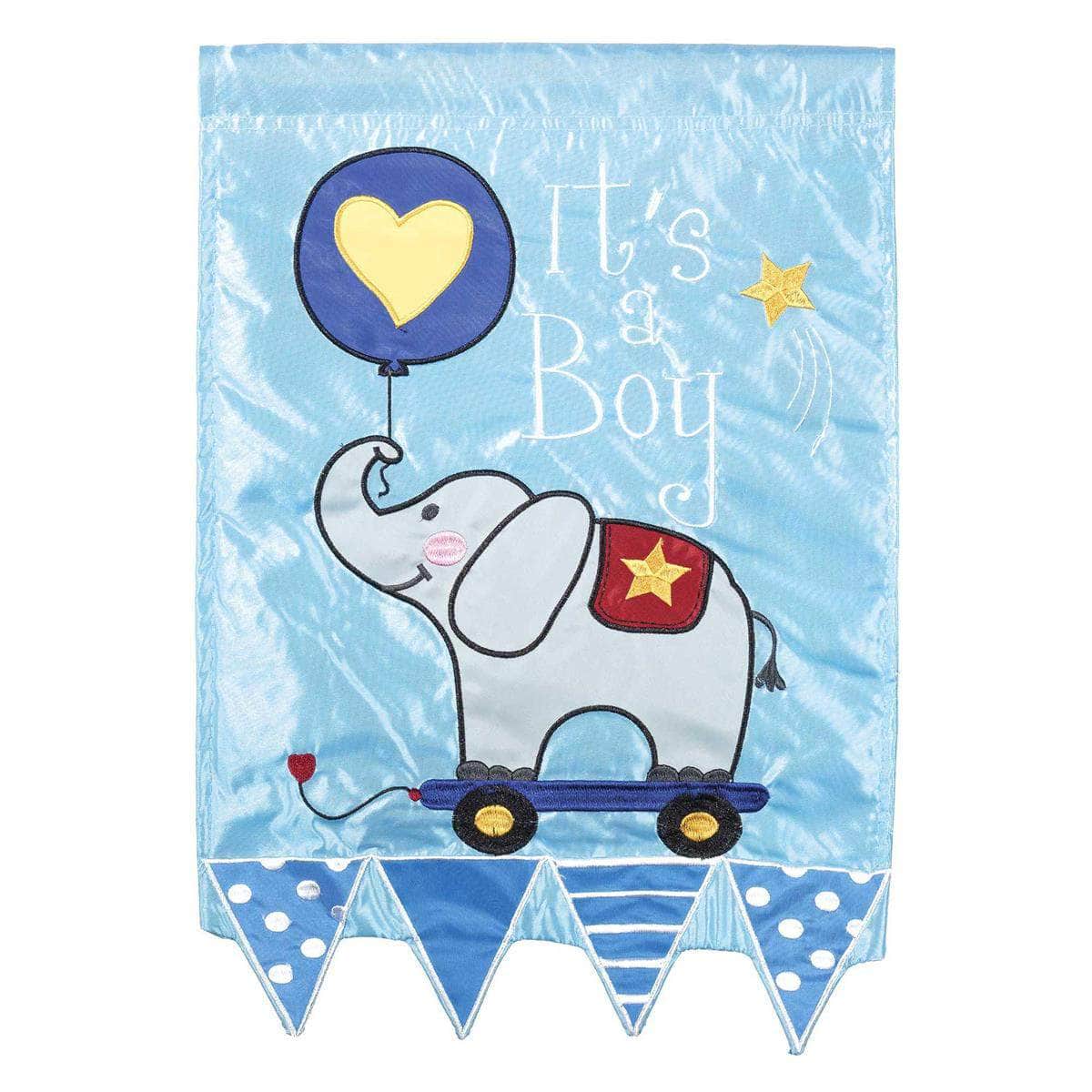 It's A Boy Garden Flag with double-thickness design, intricate applique stitching, and durable nylon construction for cheerful outdoor décor.