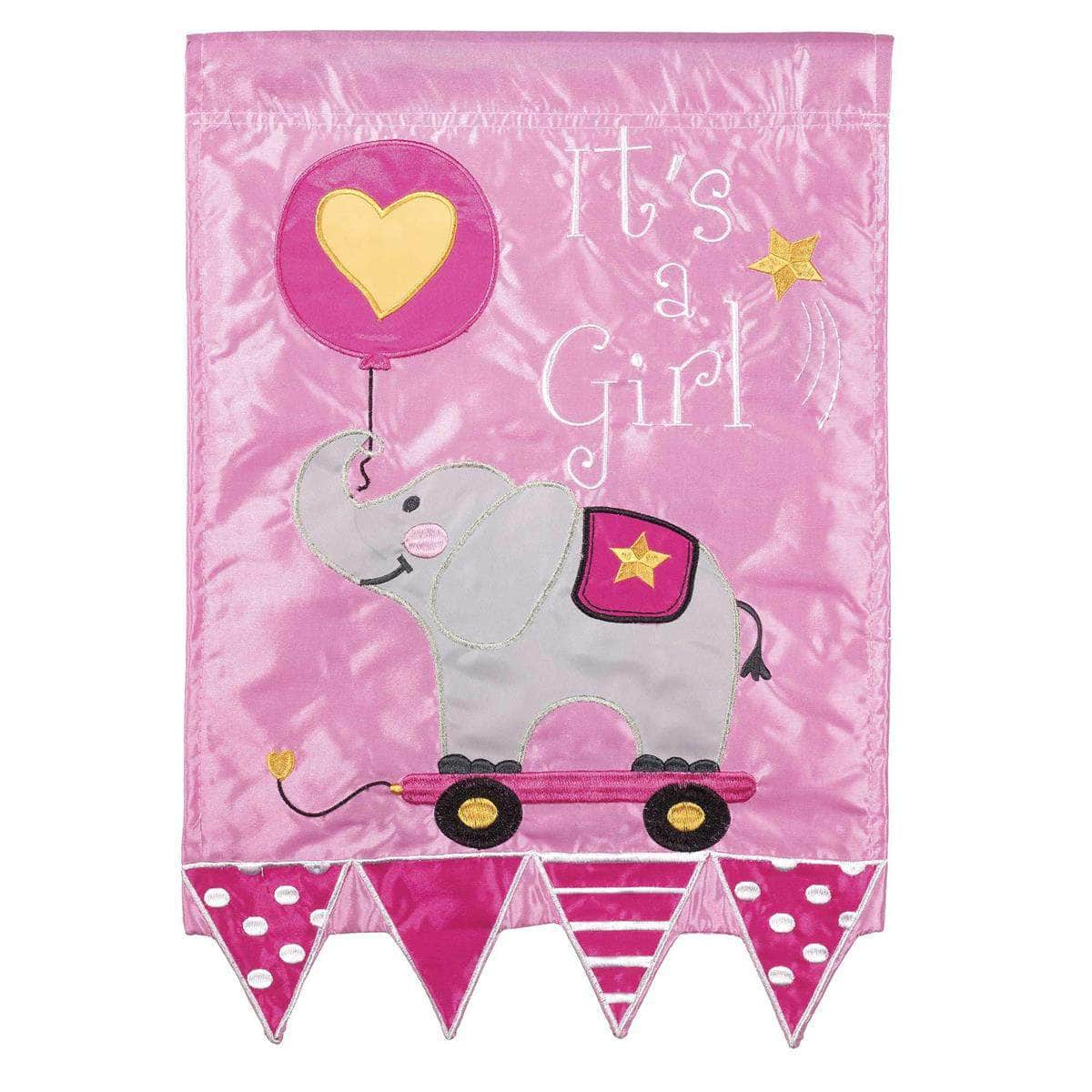 It's A Girl Garden Flag with double-thickness design, intricate applique stitching, and durable nylon construction for cheerful outdoor décor.