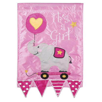 It's A Girl Garden Flag with double-thickness design, intricate applique stitching, and durable nylon construction for cheerful outdoor décor.