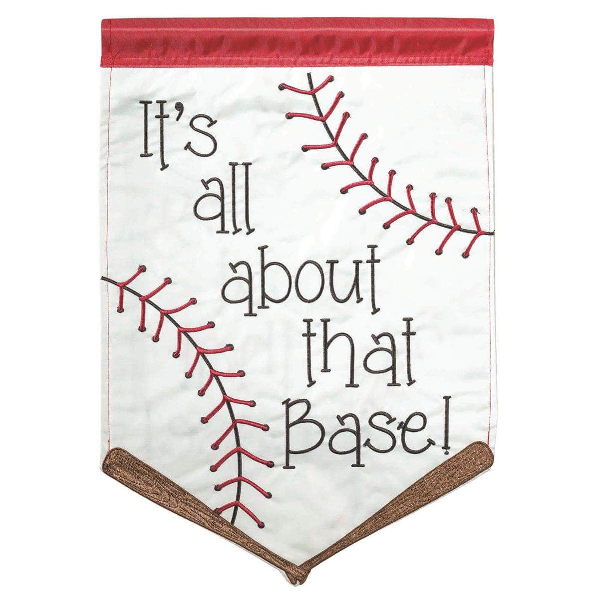 It's All About That Base Garden Flag with double-thickness design, intricate applique stitching, and durable nylon construction for playful outdoor décor.