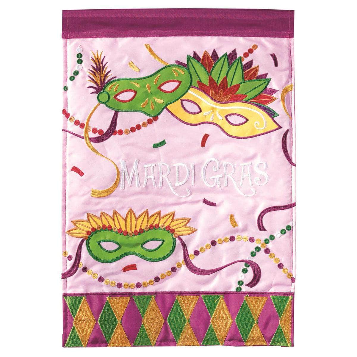 Mardi Gras Beads Garden Flag with double-thickness design, intricate applique stitching, and durable nylon construction for festive outdoor décor.