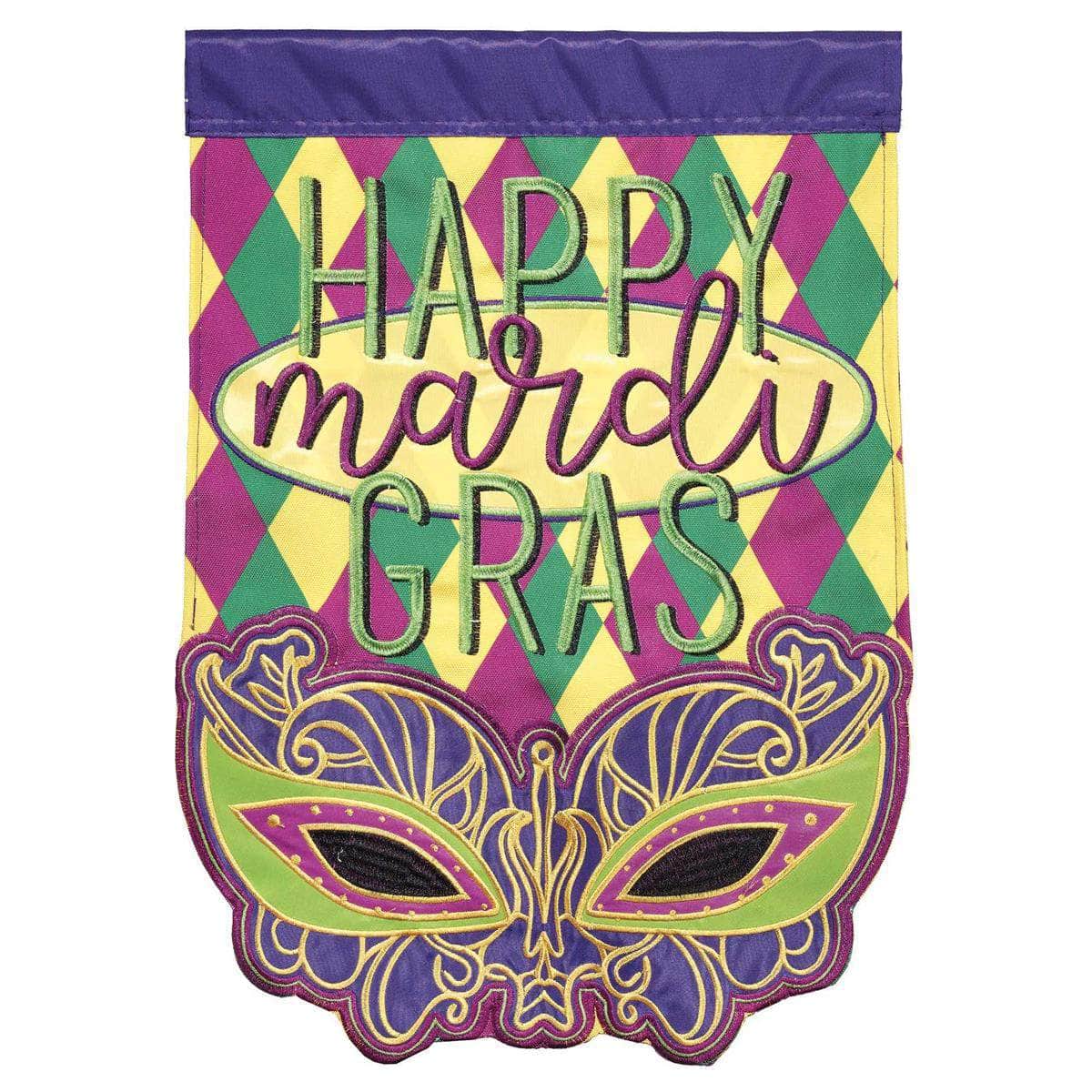 Mardi Gras Mask flag with vibrant design, intricate embroidery, and durable construction for festive outdoor decor.
