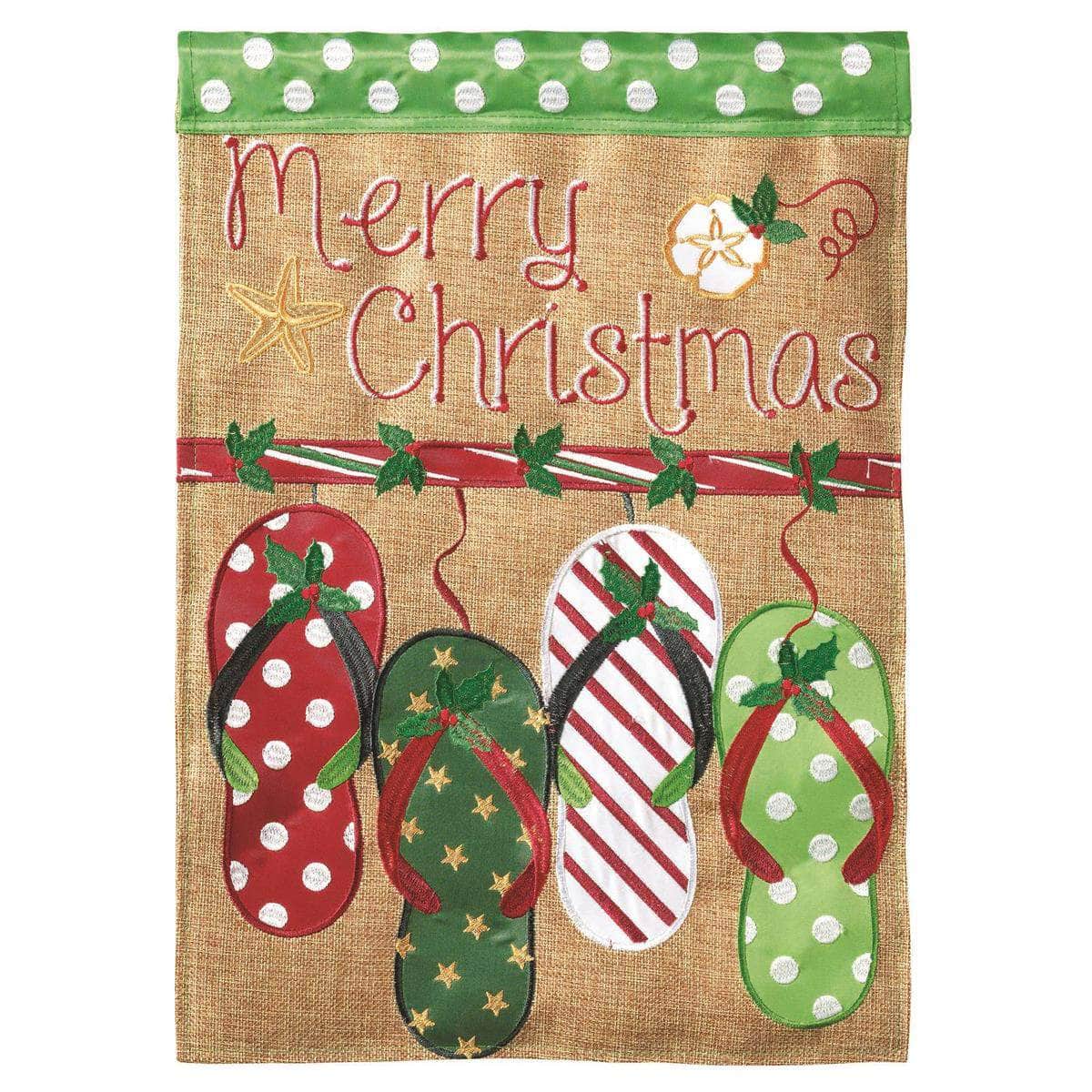 Merry Christmas Flip Flops Burlap Garden Flag with double-thickness design, intricate applique stitching, and durable burlap and nylon construction for unique holiday décor.