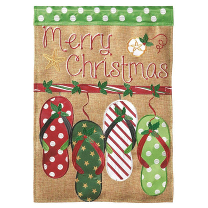 Merry Christmas Flip Flops Burlap Garden Flag with double-thickness design, intricate applique stitching, and durable burlap and nylon construction for unique holiday décor.