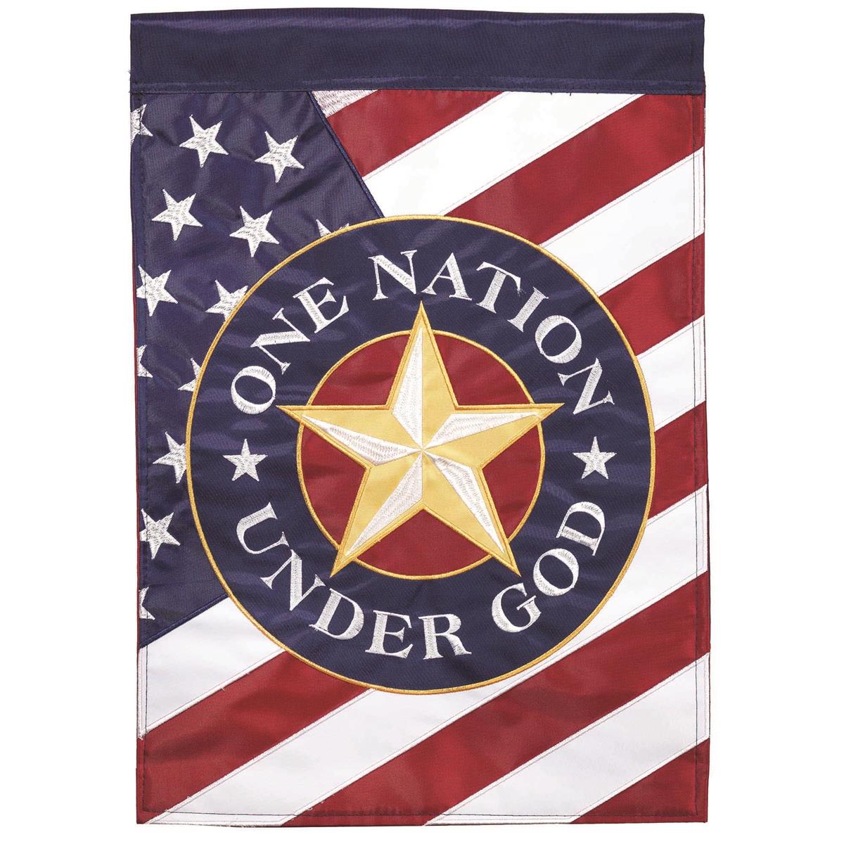 One Nation Under God flag with intricate embroidery, vibrant design, and durable construction for patriotic outdoor decor.