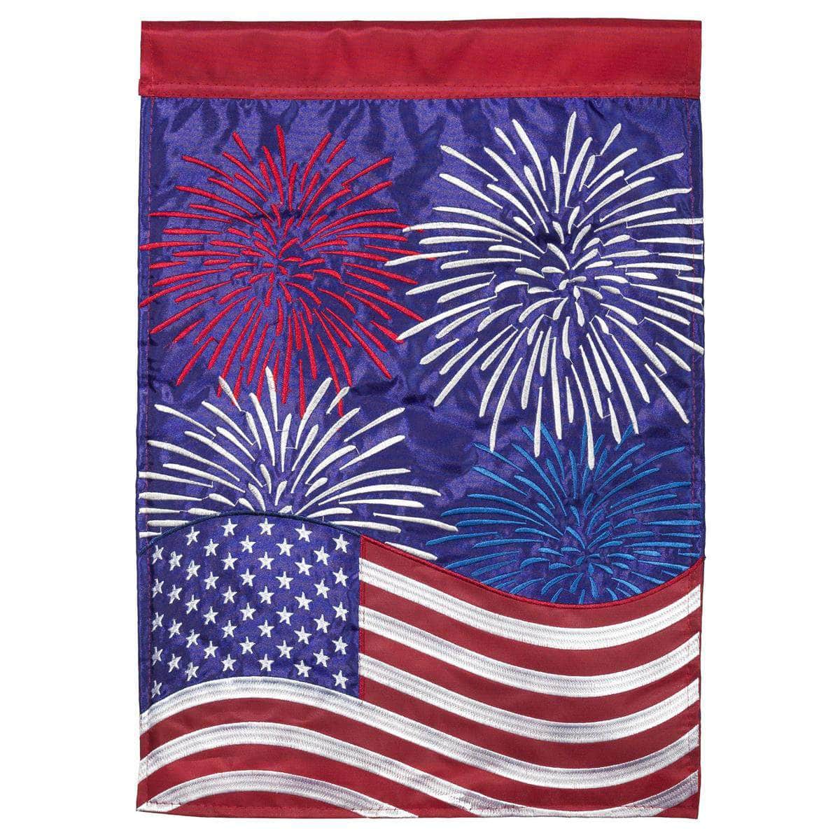 Patriotic Fireworks flag with vibrant design, intricate embroidery, and durable construction for patriotic outdoor decor.