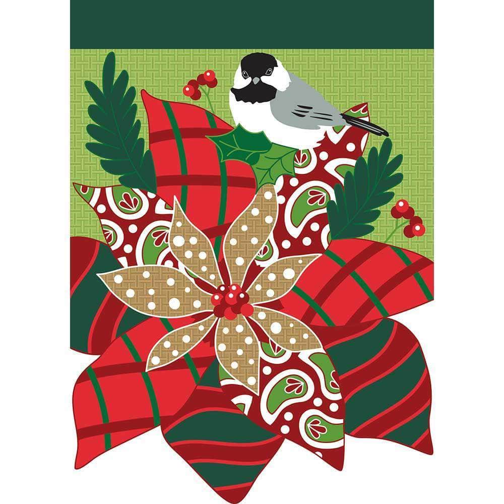Poinsettia Burlap Garden Flag with double-thickness design, intricate applique stitching, and durable burlap and nylon construction for Christmas outdoor décor.