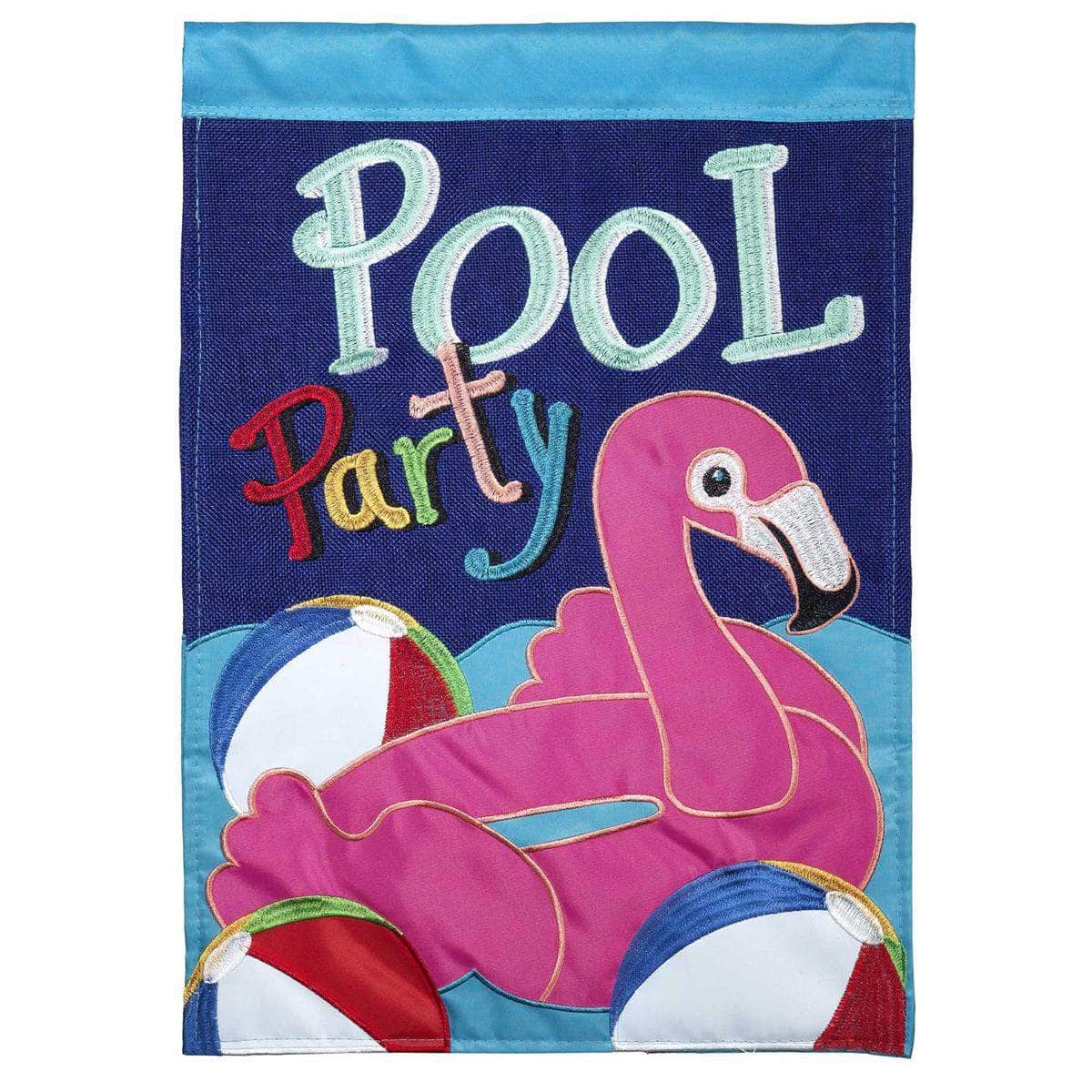Pool Party flag with playful design, intricate embroidery, and durable construction for summer and poolside celebrations.