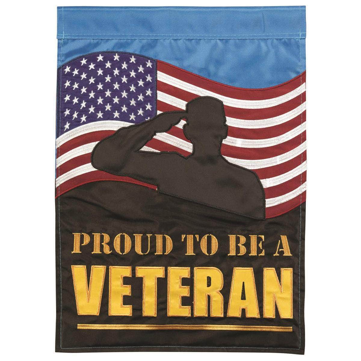 Proud To Be A Veteran Salute flag with intricate design, detailed embroidery, and durable construction for patriotic outdoor decor.