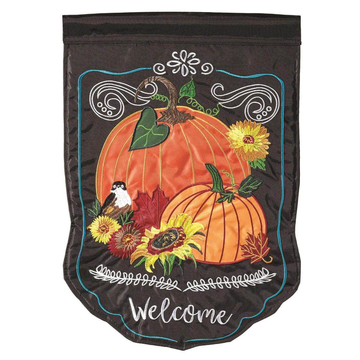 Pumpkins Welcome Garden Flag with double-thickness design, intricate applique stitching, and durable nylon construction for festive fall décor.