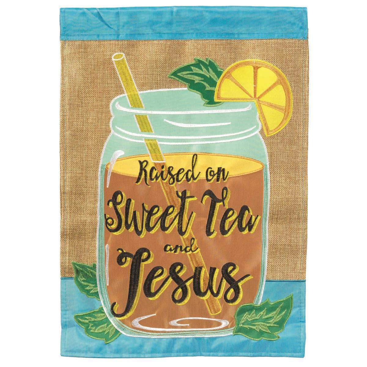 Raised On Sweet Tea Jesus flag with vibrant design, intricate embroidery, and durable construction for Southern outdoor decor.