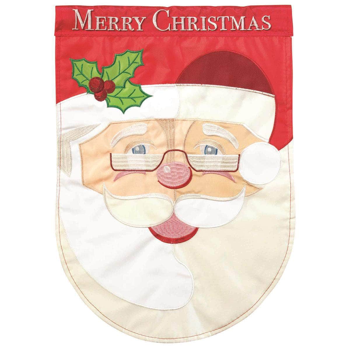 Santa Merry Christmas flag with vibrant design, intricate embroidery, and durable construction for holiday outdoor decor.