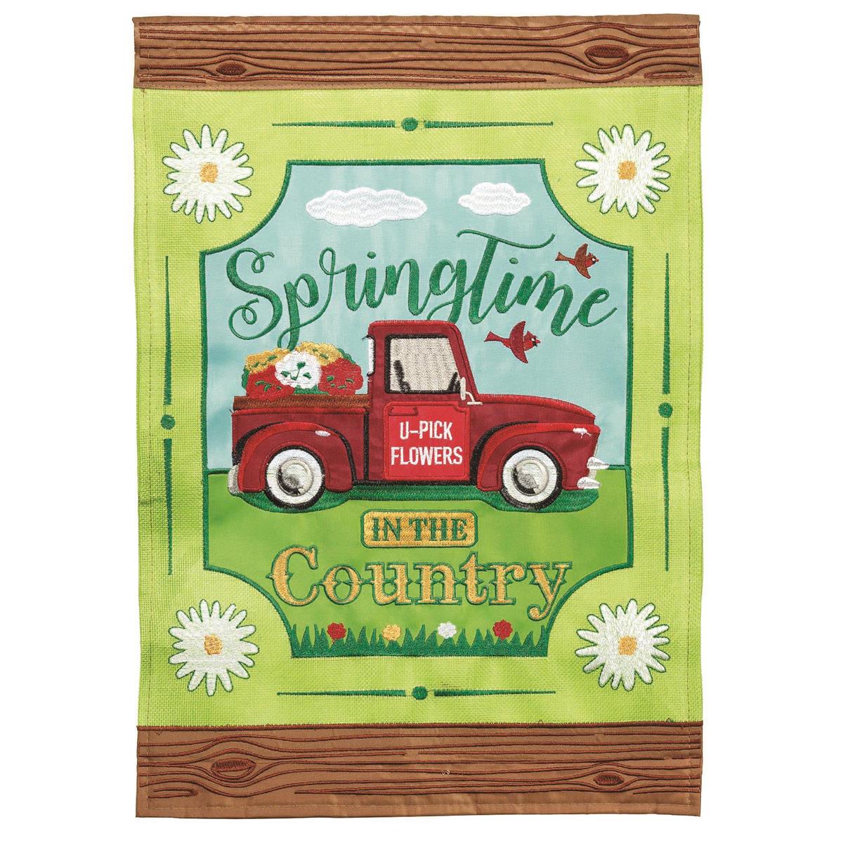 Springtime In Country flag with vibrant floral design, intricate embroidery, and durable construction for outdoor spring decor.