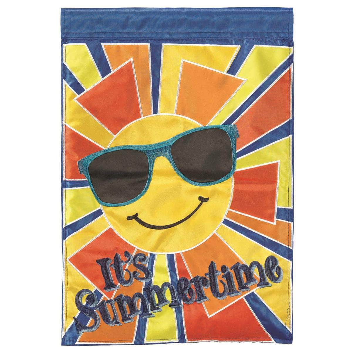 Sun It's Summertime flag with vibrant design, intricate embroidery, and durable construction for summer outdoor decor.
