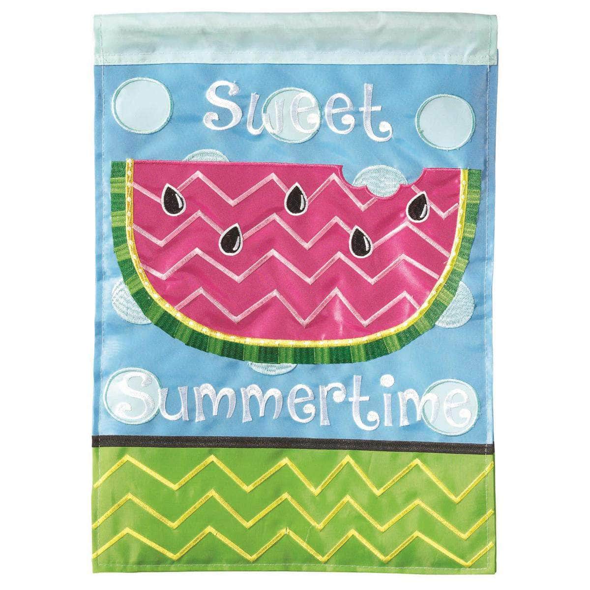 Sweet Summertime Garden Flag with double-thickness design, intricate applique stitching, and durable nylon construction for bright outdoor décor.