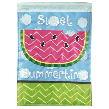 Sweet Summertime Garden Flag with double-thickness design, intricate applique stitching, and durable nylon construction for bright outdoor décor.