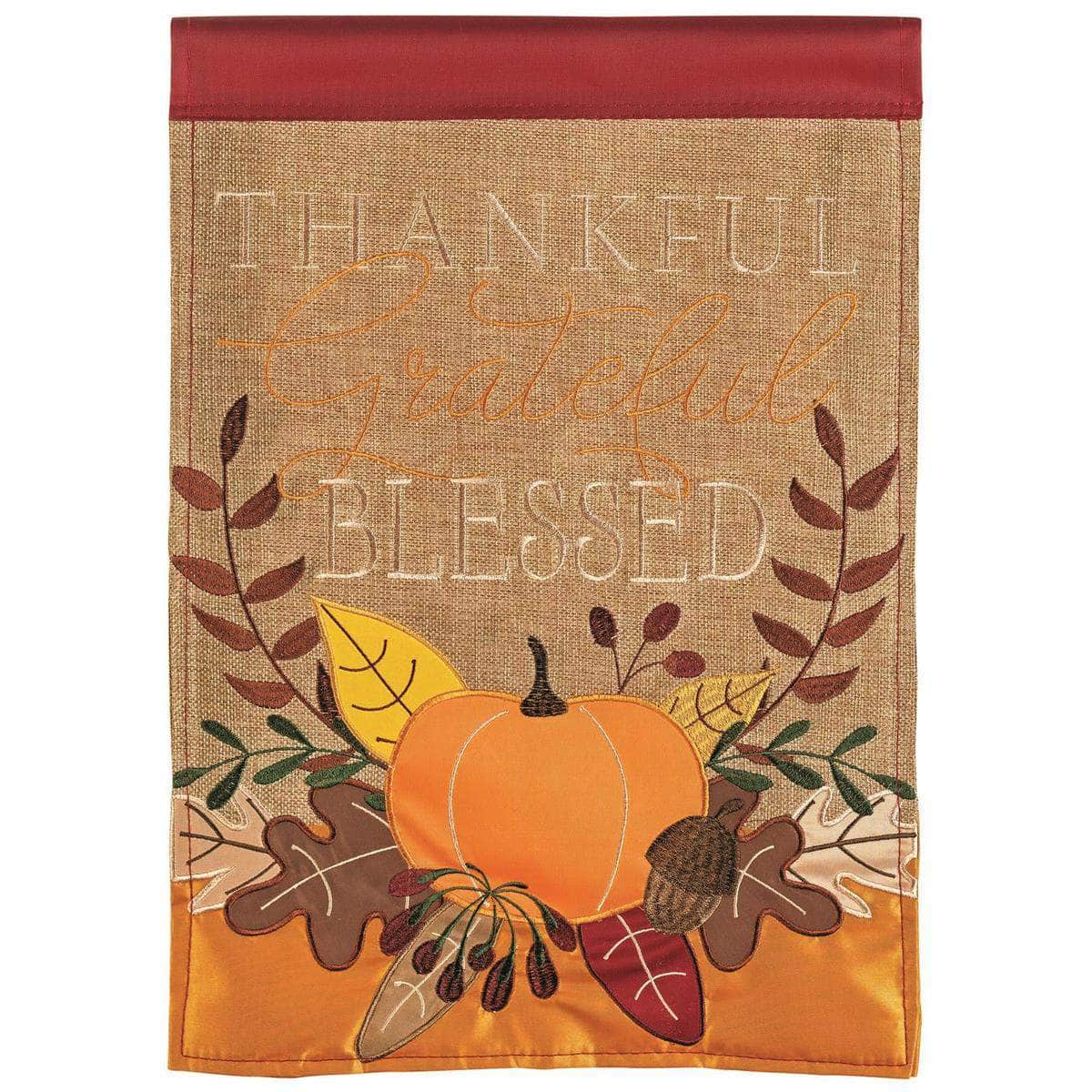Thankful Grateful Blessed flag with vibrant design, intricate embroidery, and durable construction for seasonal outdoor decor.
